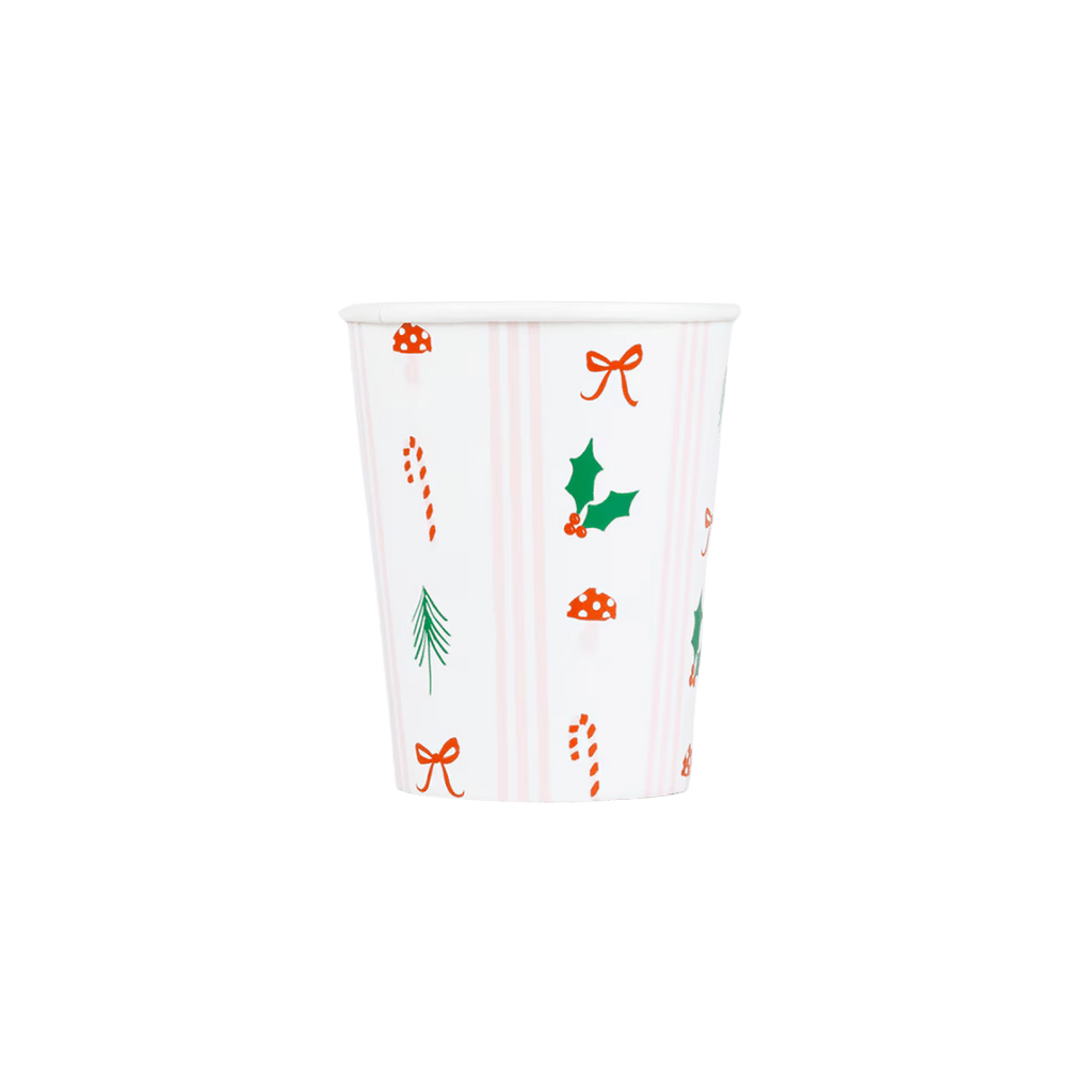White Christmas paper cup with festive icons holiday design from Parte Haus party supply store in Bethesda MD