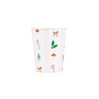 White Christmas paper cup with festive icons holiday design from Parte Haus party supply store in Bethesda MD