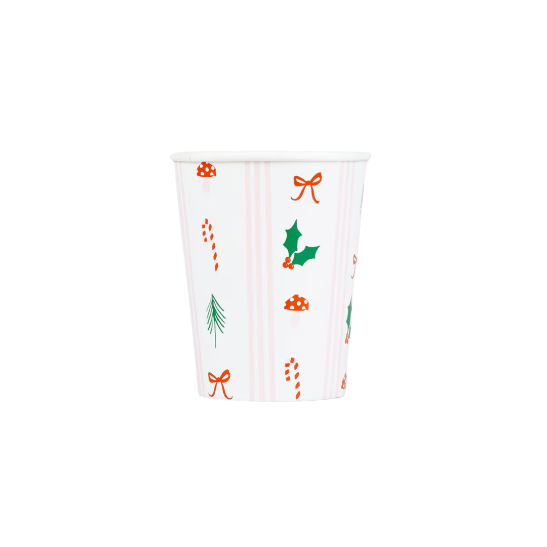 White Christmas paper cup with festive icons holiday design from Parte Haus party supply store in Bethesda MD