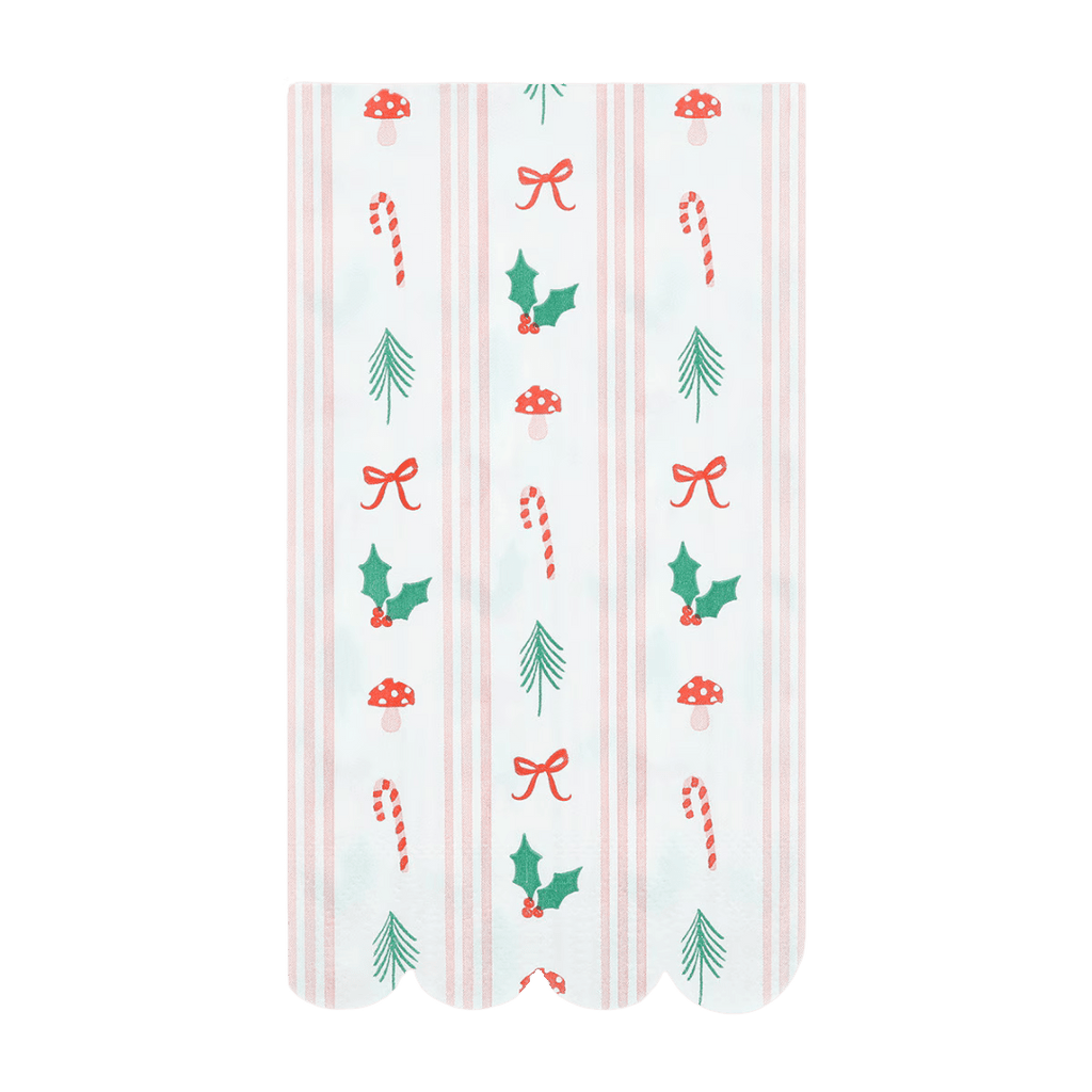 Red and green holiday napkin with candy canes holly and bows Christmas theme from Parte Haus party supply store in Bethesda MD