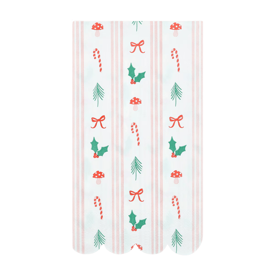 Red and green holiday napkin with candy canes holly and bows Christmas theme from Parte Haus party supply store in Bethesda MD