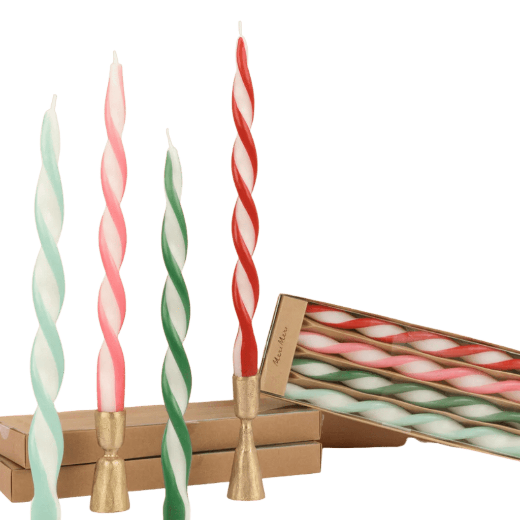 Red green pink and white twisted taper candles Christmas theme from Parte Haus party supply store in Bethesda MD.