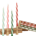 Red green pink and white twisted taper candles Christmas theme from Parte Haus party supply store in Bethesda MD.
