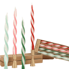 Red green pink and white twisted taper candles Christmas theme from Parte Haus party supply store in Bethesda MD.