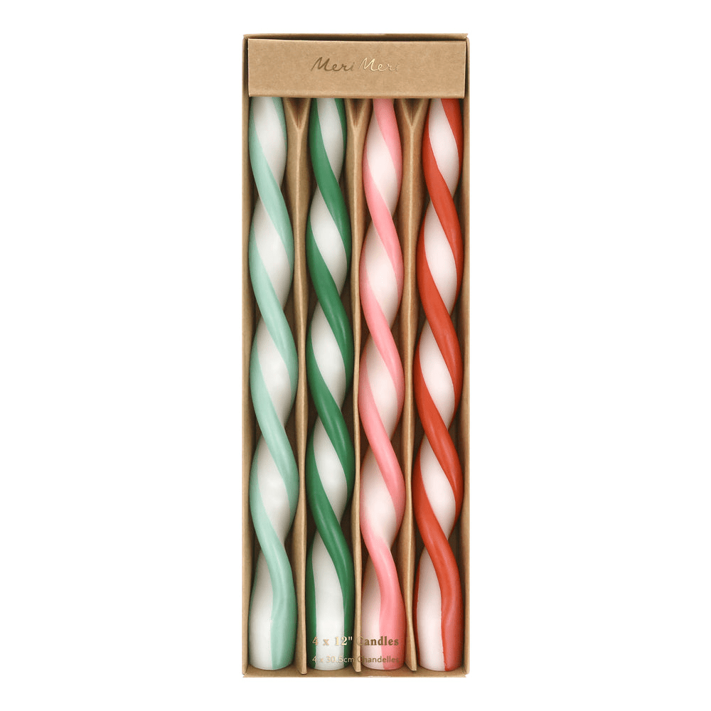 Green pink and red twisted taper candles elegant table decor from Parte Haus party supply store in Bethesda Maryland