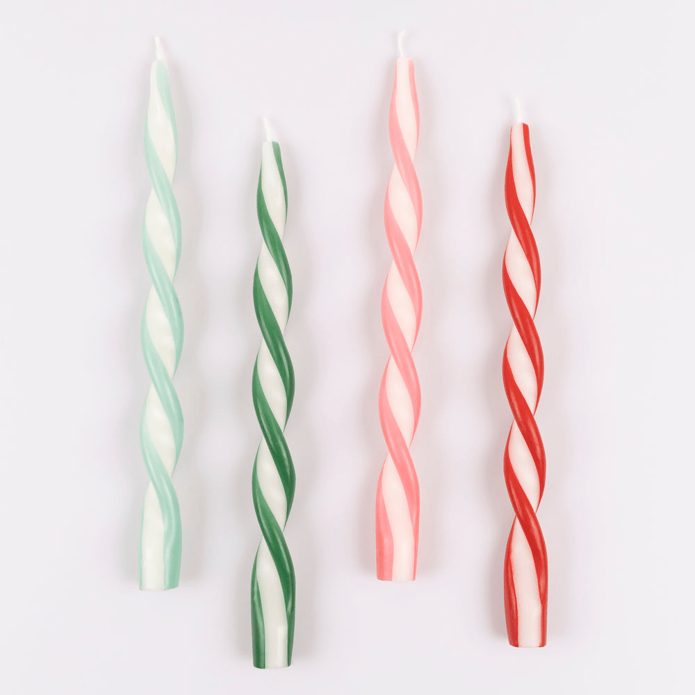 Green red and white twisted taper candles for holiday celebration from Parte Haus party supply store in Bethesda MD