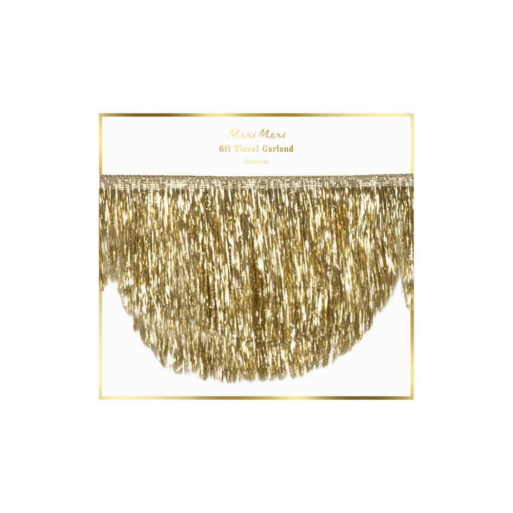 Gold tinsel garland festive shiny decor for celebrations from Parte Haus party supply store in Bethesda MD