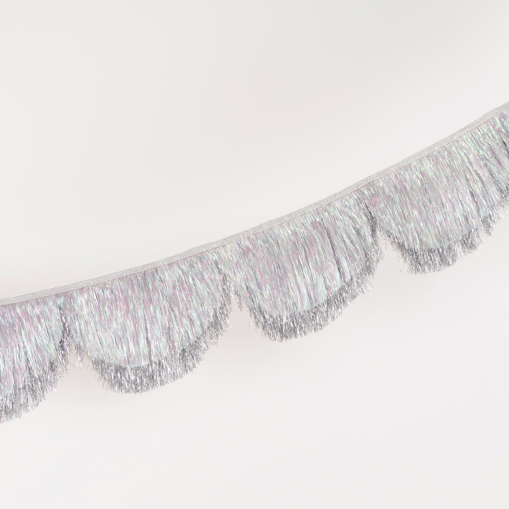 Silver fringe garland shiny tinsel decoration for celebrations from Parte Haus party supply store in Bethesda Maryland