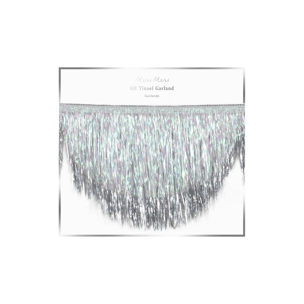 Silver tinsel garland shiny fringe decor for celebration from Parte Haus party supply store in Bethesda MD