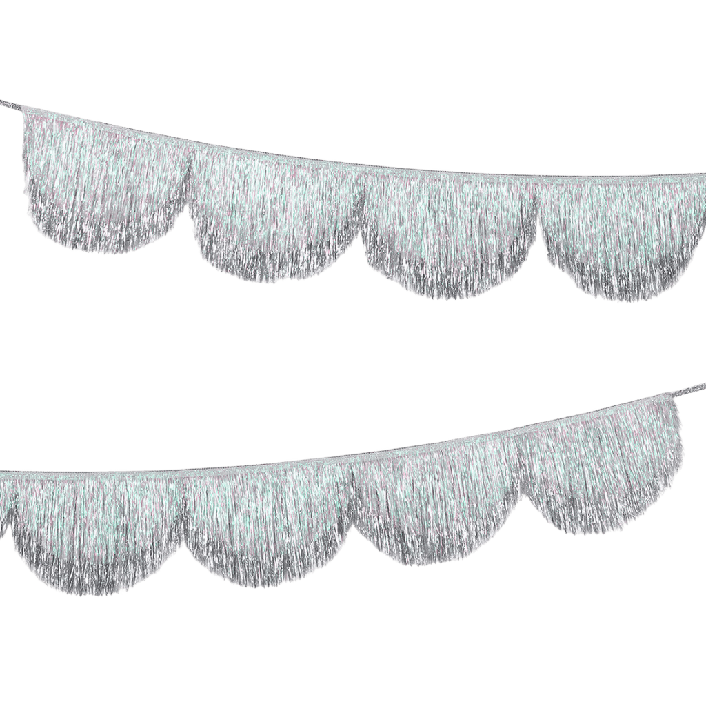 Silver tinsel garland with scalloped fringe for celebration decor from Parte Haus party supply store in Bethesda MD