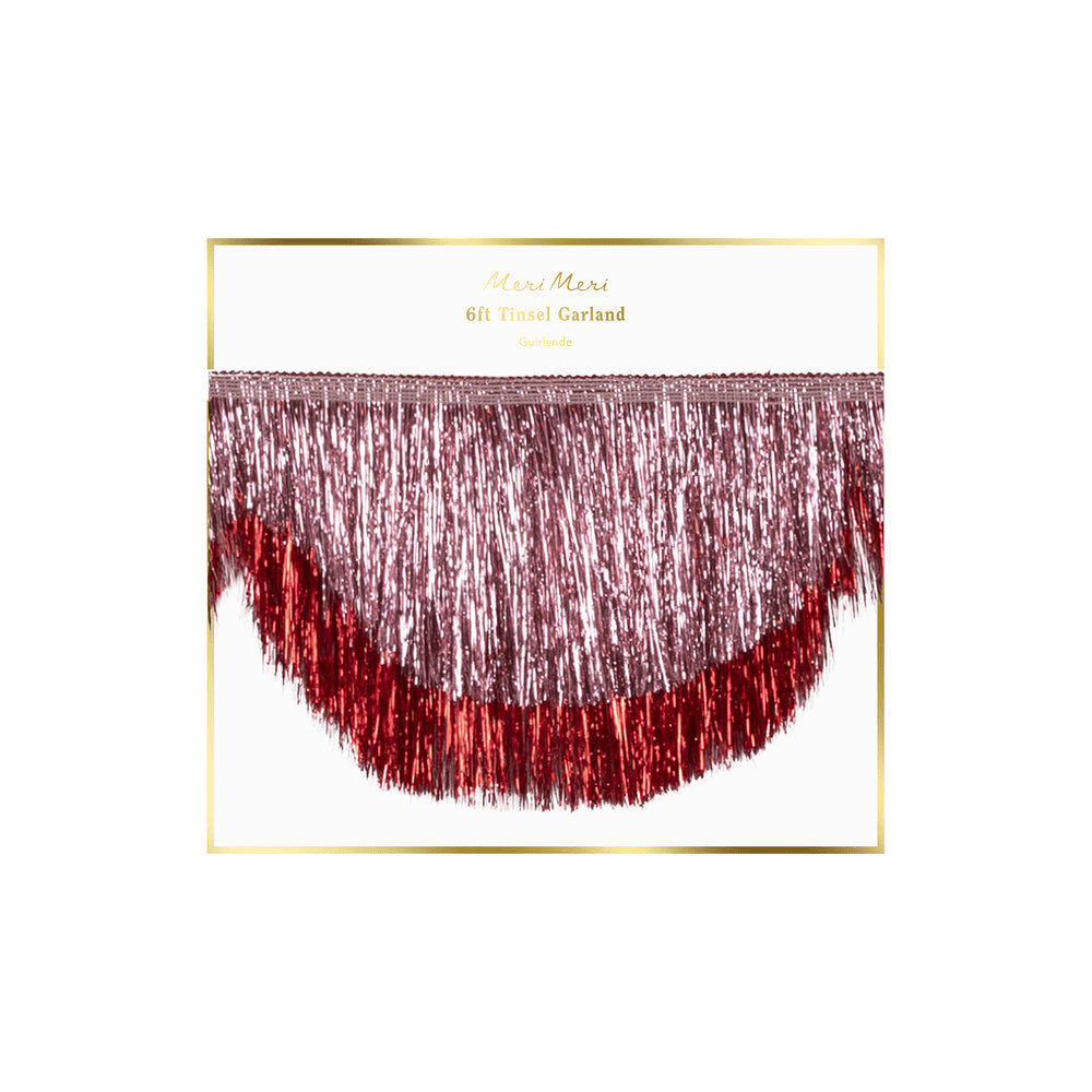 Pink and red tinsel garland with layered fringe for celebration from Parte Haus party supply store in Bethesda Maryland