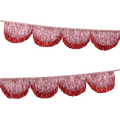 Red metallic fringe garland banner for festive celebration from Parte Haus party supply store in Bethesda MD