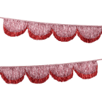 Red metallic fringe garland banner for festive celebration from Parte Haus party supply store in Bethesda MD