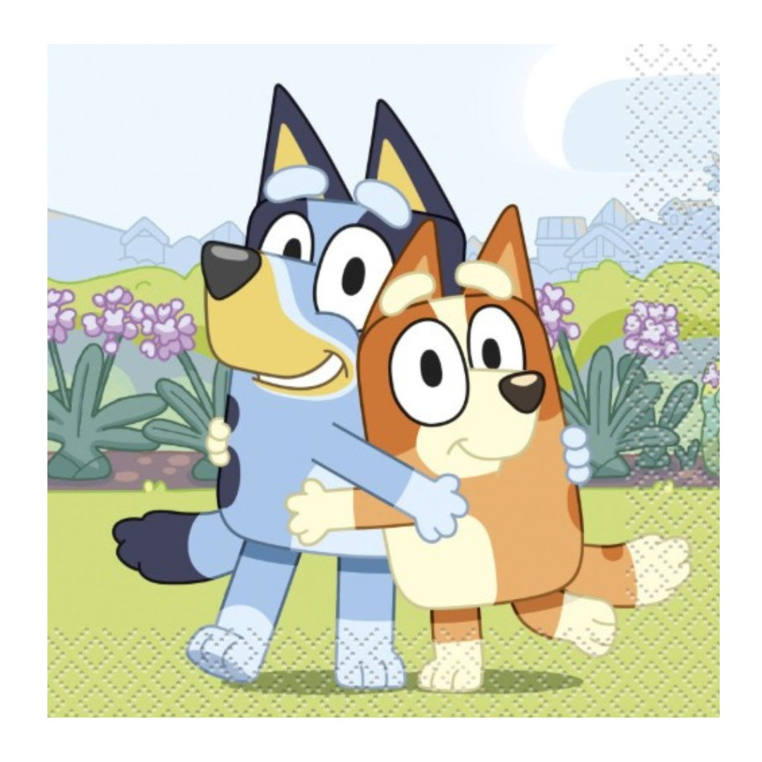 Blue and orange cartoon dog napkin with hugging characters birthday theme from Parte Haus party supply store in Bethesda MD
