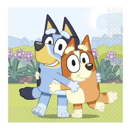 Blue and orange cartoon dog napkin with hugging characters birthday theme from Parte Haus party supply store in Bethesda MD