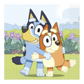 Blue and orange Bluey themed napkin cartoon dogs hugging birthday from Parte Haus party supply store in Bethesda Maryland
