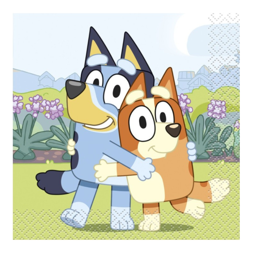 Blue and orange Bluey themed napkin cartoon dogs hugging birthday from Parte Haus party supply store in Bethesda Maryland