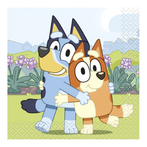 Blue and orange Bluey themed napkin cartoon dogs hugging birthday from Parte Haus party supply store in Bethesda Maryland