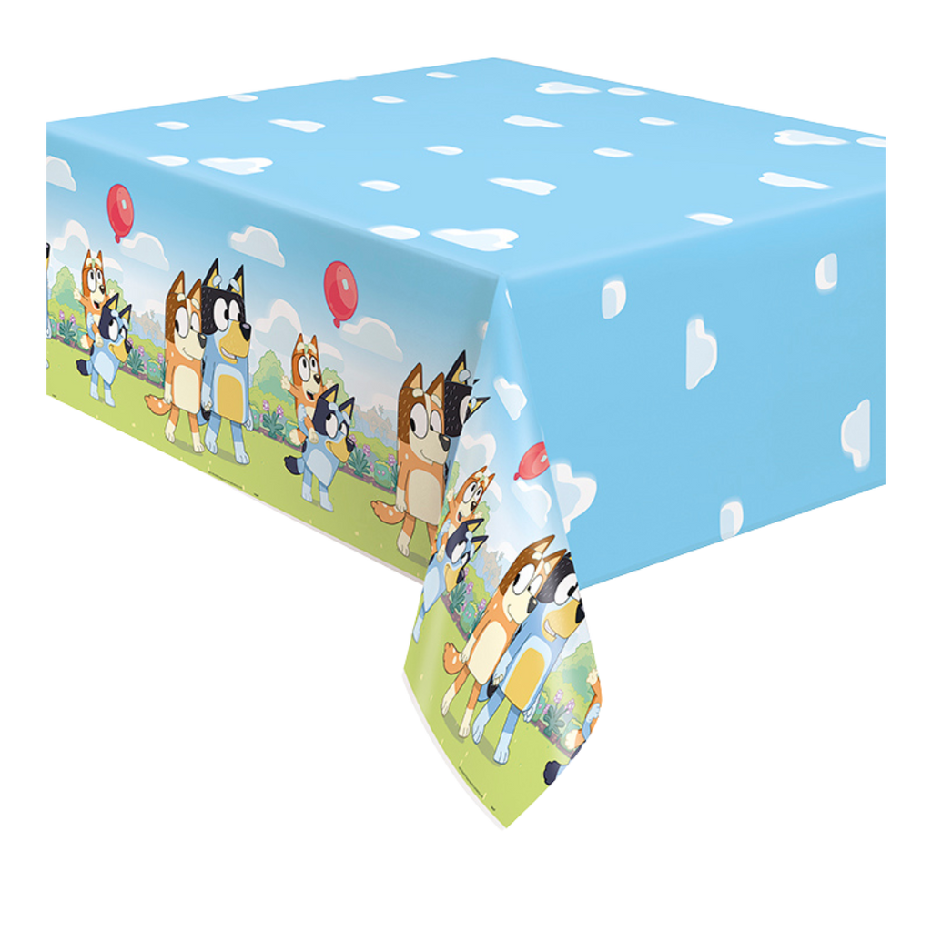 Blue cartoon dog tablecloth with clouds and character pattern birthday design from Parte Haus party supply store in Bethesda MD