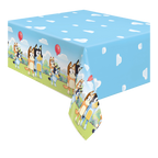 Blue cartoon dog tablecloth with clouds and character pattern birthday design from Parte Haus party supply store in Bethesda MD
