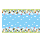 Bluey table cover with blue sky clouds cartoon dogs and red balloons birthday design from Parte Haus party supply store in Bethesda Maryland