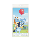 Blue cartoon tablecover with Bluey and friends outdoor birthday theme from Parte Haus party supply store in Bethesda Maryland