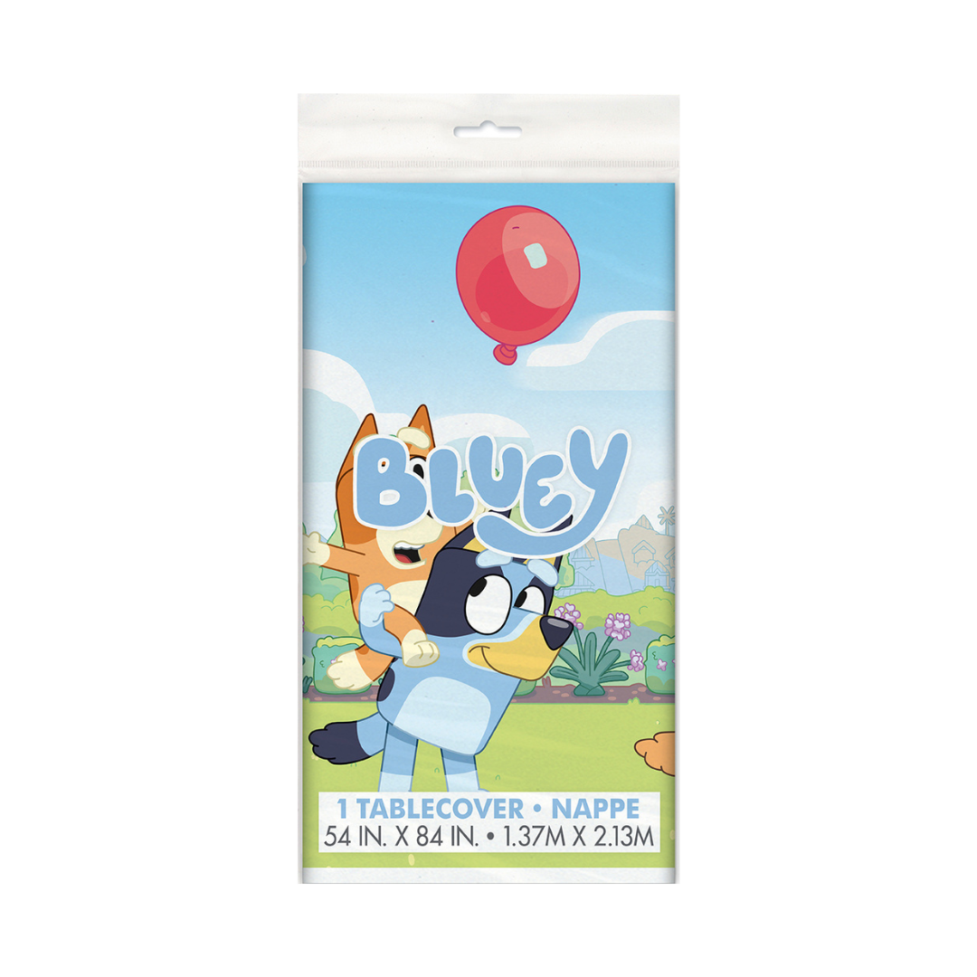 Blue cartoon tablecover with Bluey and friends outdoor birthday theme from Parte Haus party supply store in Bethesda Maryland