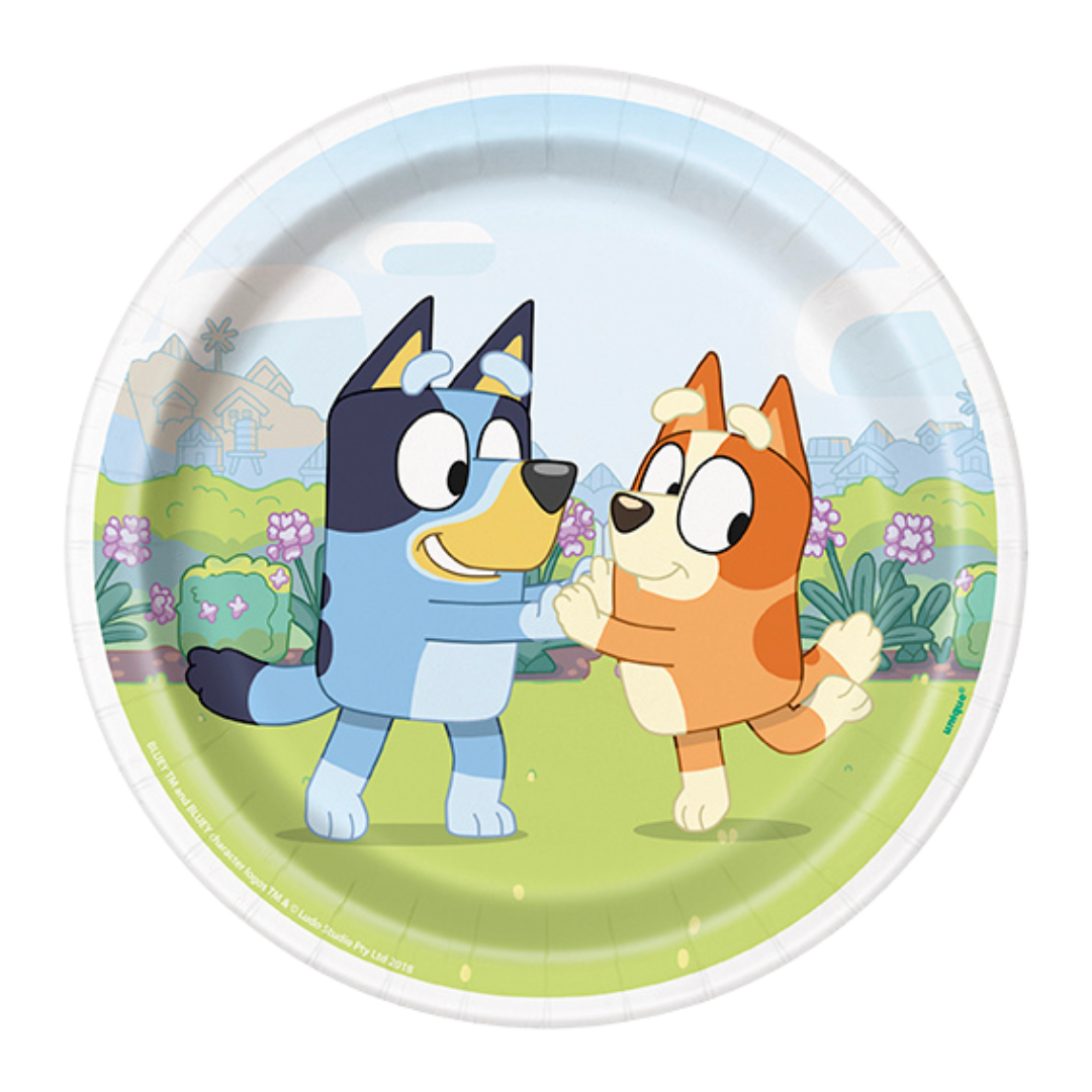 Blue and orange cartoon character paper plate with playful backyard birthday theme from Parte Haus party supply store in Bethesda MD