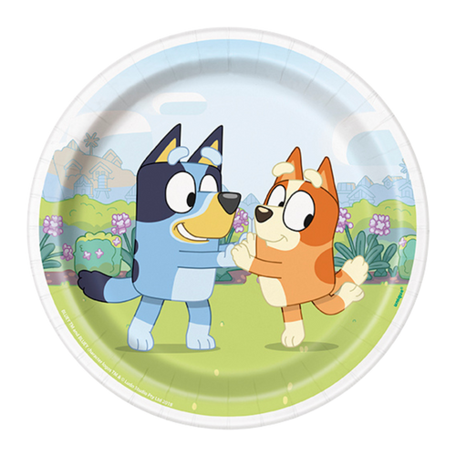 Blue and orange cartoon character paper plate with playful backyard birthday theme from Parte Haus party supply store in Bethesda MD