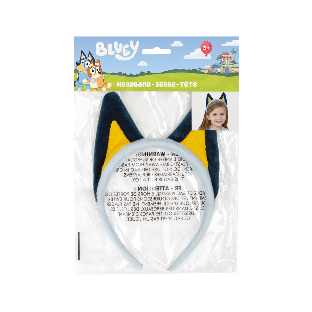 Blue and yellow Bluey headband with plush ears for kids birthday theme from Parte Haus party supply store in Bethesda MD