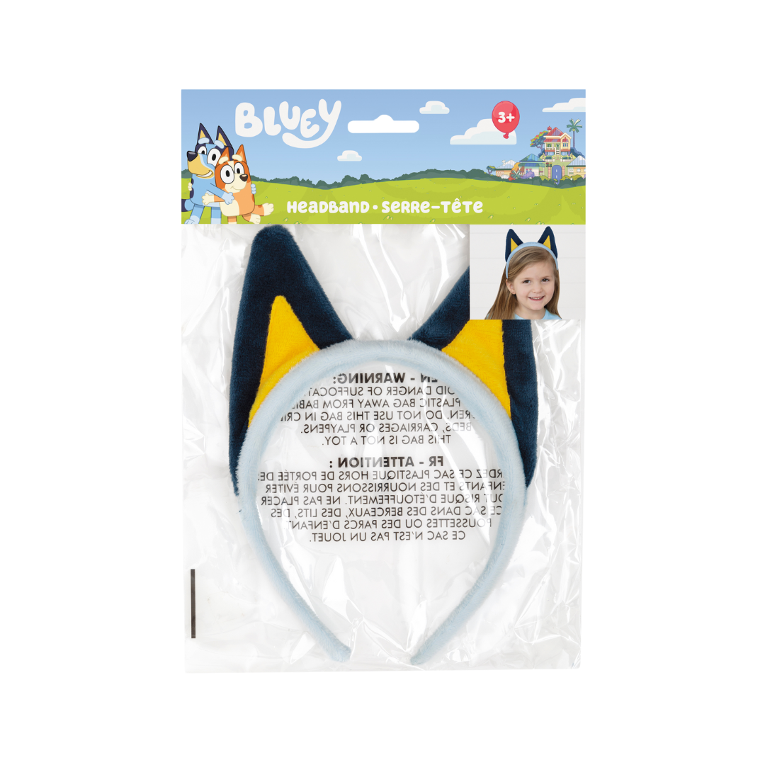 Blue and yellow Bluey headband with plush ears for kids birthday theme from Parte Haus party supply store in Bethesda MD