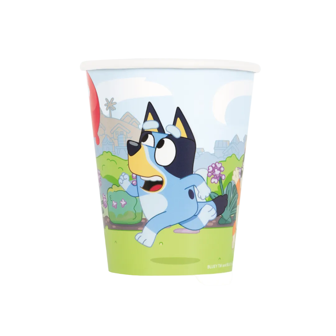 Blue cartoon character paper cup with outdoor scene birthday theme from Parte Haus party supply store in Bethesda MD
