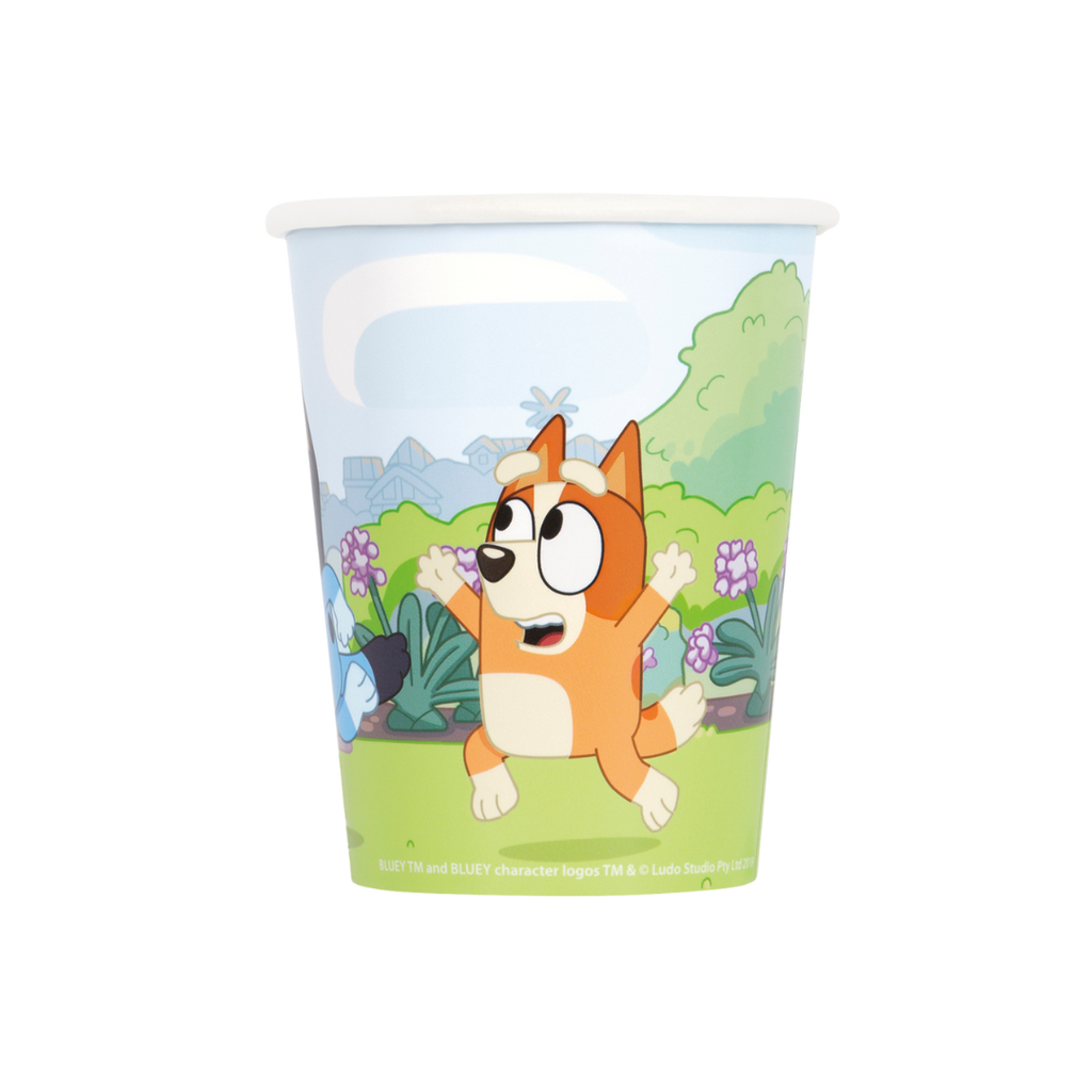 Blue character kids cup with cartoon dog and garden birthday theme from Parte Haus party supply store in Bethesda Maryland