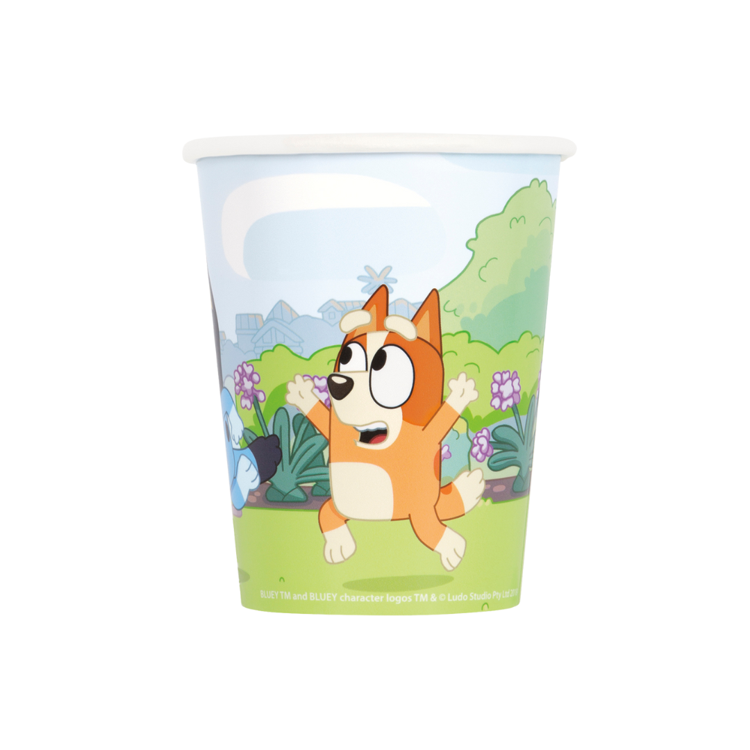 Blue character kids cup with cartoon dog and garden birthday theme from Parte Haus party supply store in Bethesda Maryland