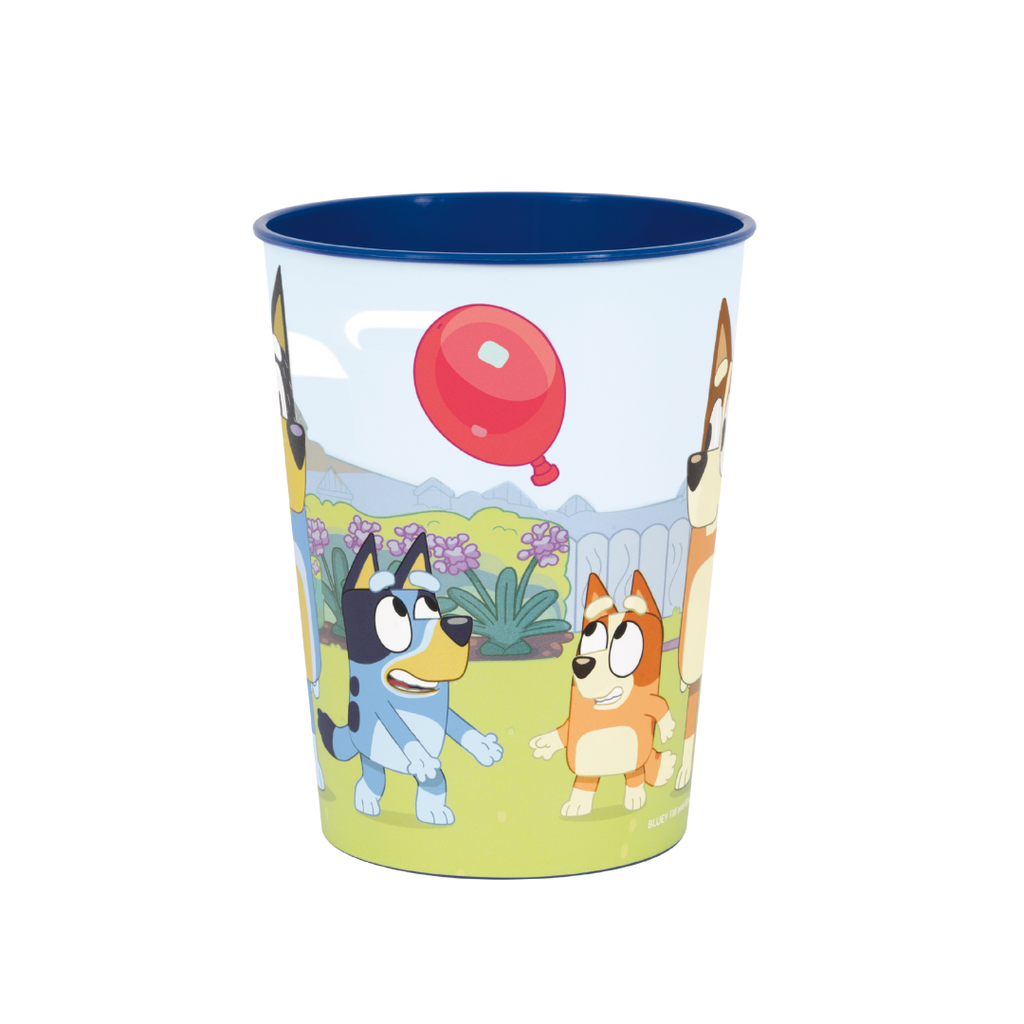 Blue cartoon cup with dogs outdoor scene perfect for kids birthday from Parte Haus party supply store in Bethesda Maryland
