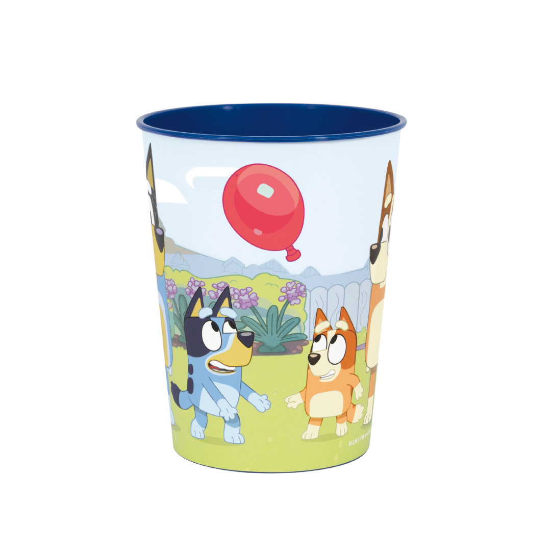 Blue cartoon cup with dogs outdoor scene perfect for kids birthday from Parte Haus party supply store in Bethesda Maryland