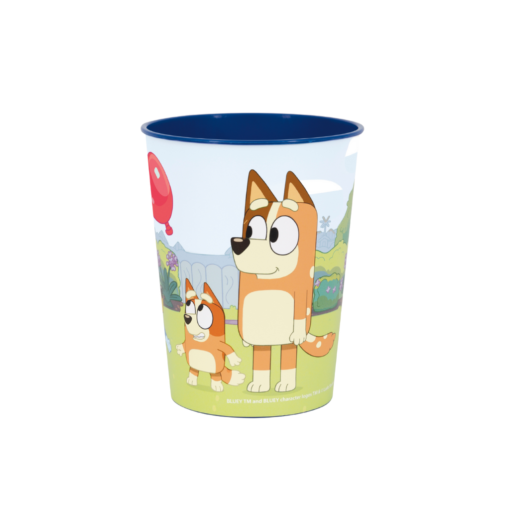 Blue cartoon character plastic cup with colorful backyard scene for kids birthday from Parte Haus party supply store in Bethesda Maryland