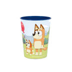 Blue cartoon character plastic cup with colorful backyard scene for kids birthday from Parte Haus party supply store in Bethesda Maryland