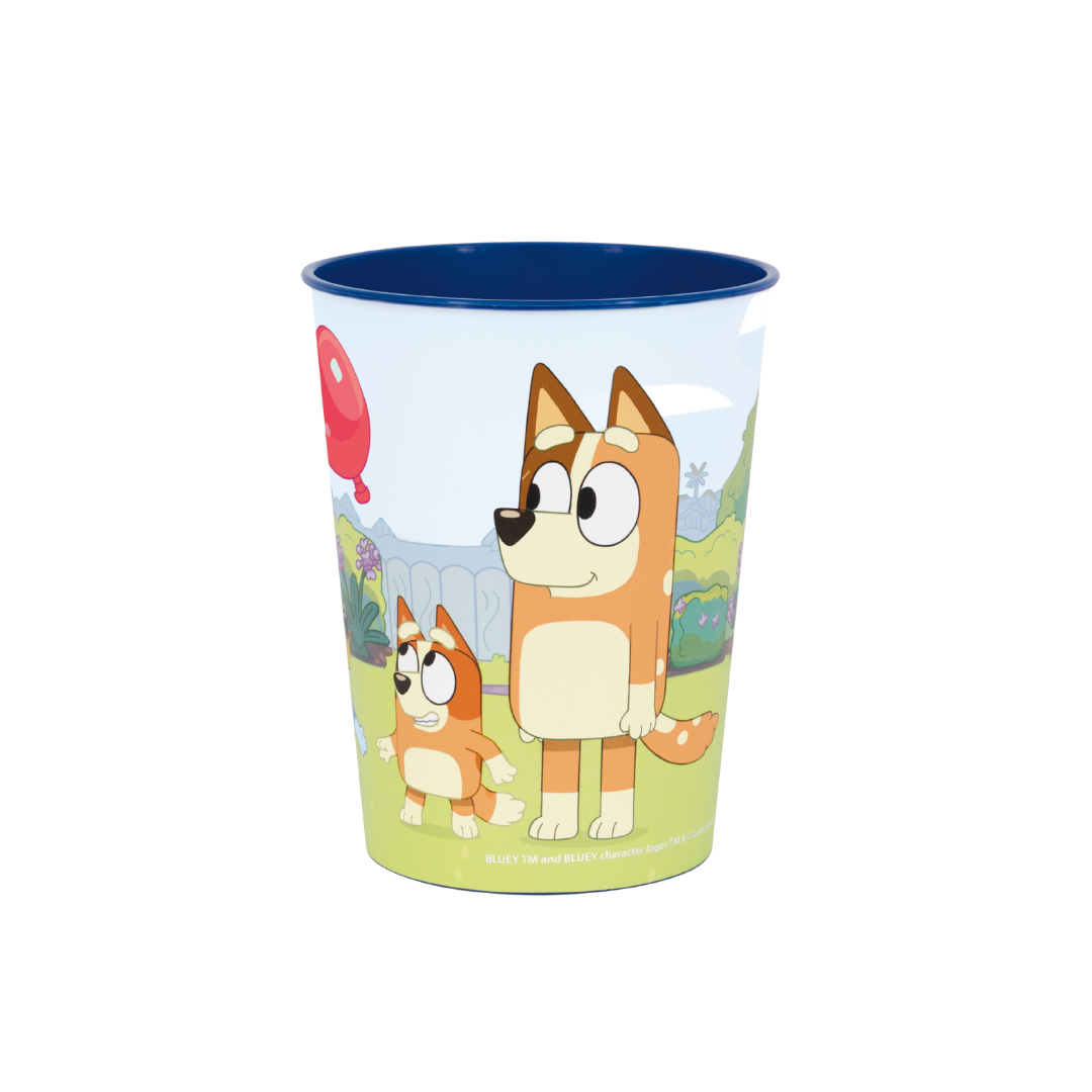 Blue cartoon character plastic cup with colorful backyard scene for kids birthday from Parte Haus party supply store in Bethesda Maryland