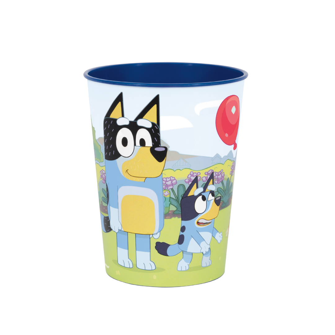 Blue cartoon tumbler with dogs and red balloon for kids birthday from Parte Haus party supply store in Bethesda MD