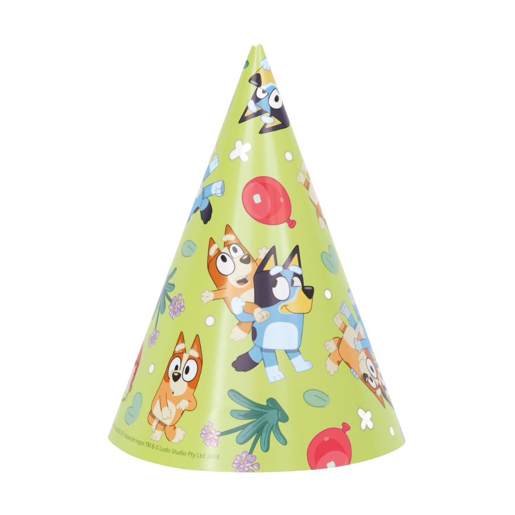 green birthday party hat with cartoon dog print for kids Bluey theme from Parte Haus party supply store in Bethesda MD
