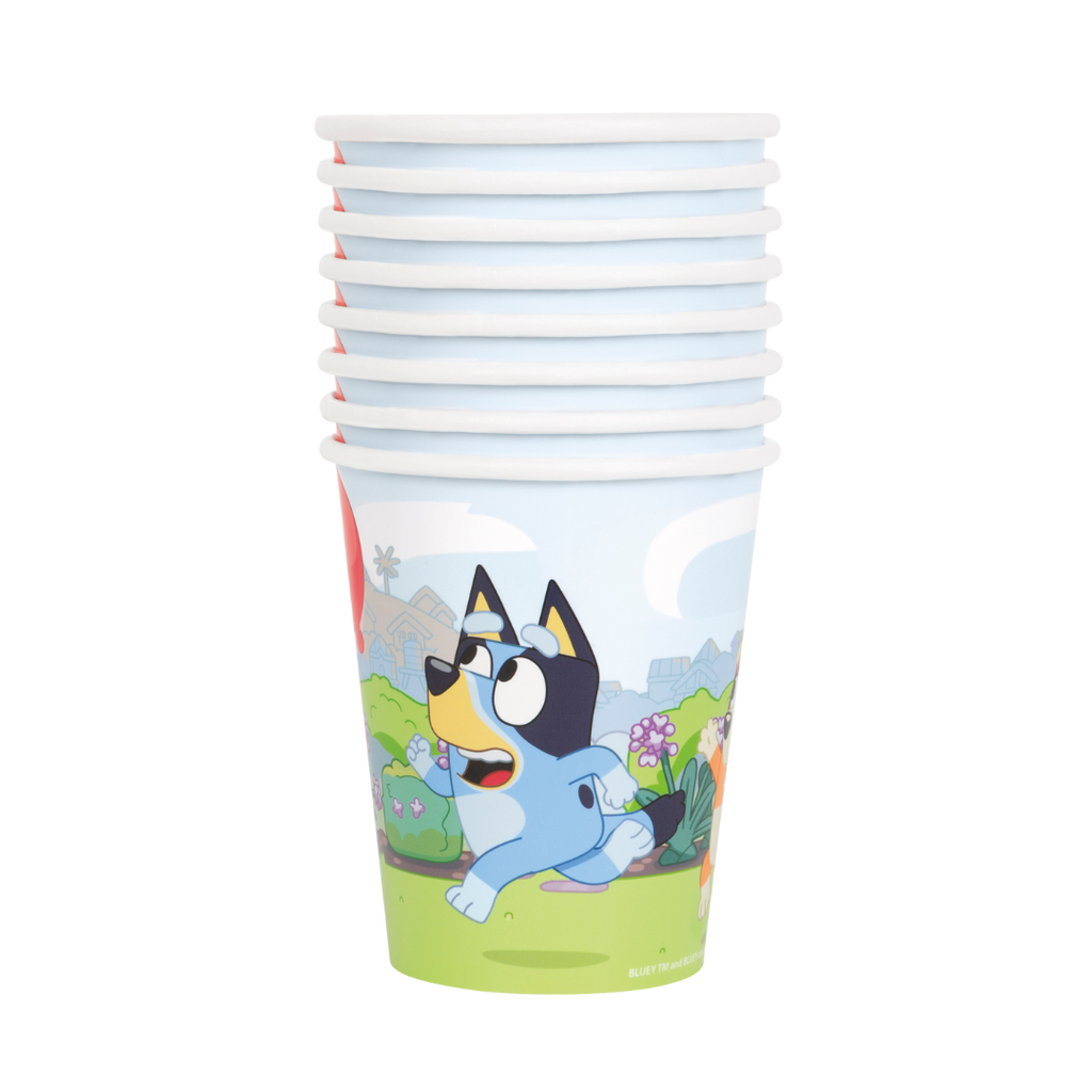 Blue character kids paper cups with cartoon dog print birthday theme from Parte Haus party supply store in Bethesda MD