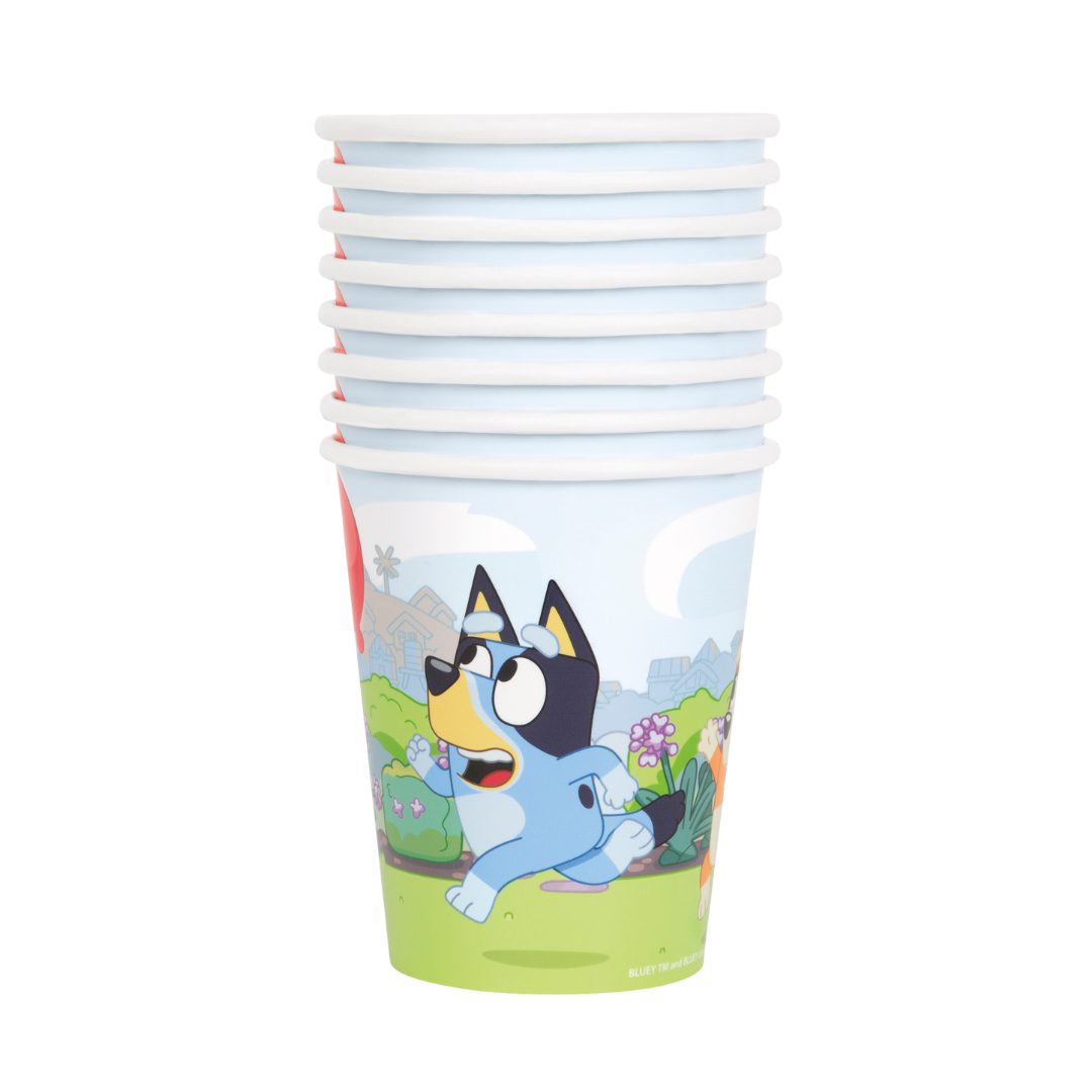 Blue character kids paper cups with cartoon dog print birthday theme from Parte Haus party supply store in Bethesda MD