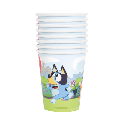 Blue character kids paper cups with cartoon dog print birthday theme from Parte Haus party supply store in Bethesda MD