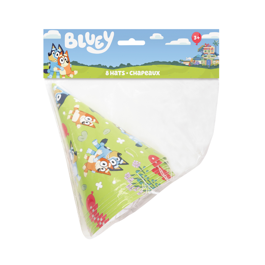 Green Bluey cone hats with cartoon characters for kids birthday from Parte Haus party supply store in Bethesda Maryland