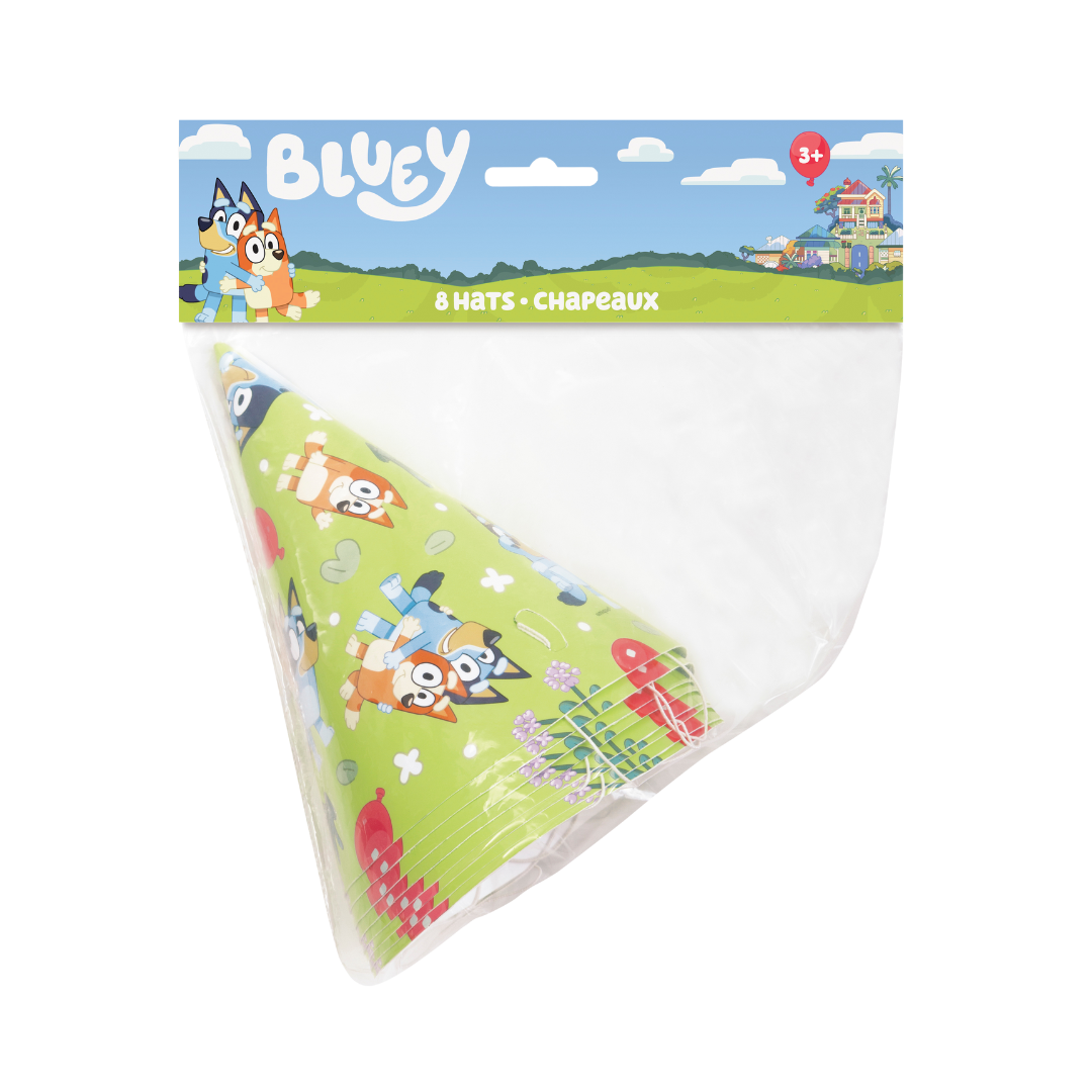 Green Bluey cone hats with cartoon characters for kids birthday from Parte Haus party supply store in Bethesda Maryland