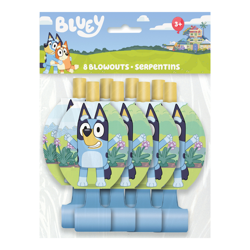 Bluey themed blue blowouts with cartoon character for kids birthday from Parte Haus party supply store in Bethesda MD