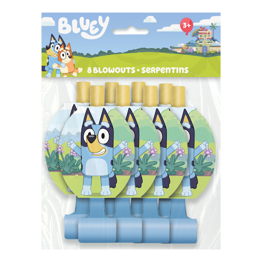 Bluey themed blue blowouts with cartoon character for kids birthday from Parte Haus party supply store in Bethesda MD