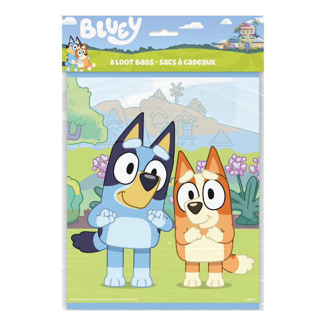 Bluey and orange loot bags with cartoon dog characters kids birthday from Parte Haus party supply store in Bethesda MD