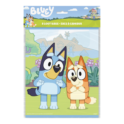 Bluey and orange loot bags with cartoon dog characters kids birthday from Parte Haus party supply store in Bethesda MD